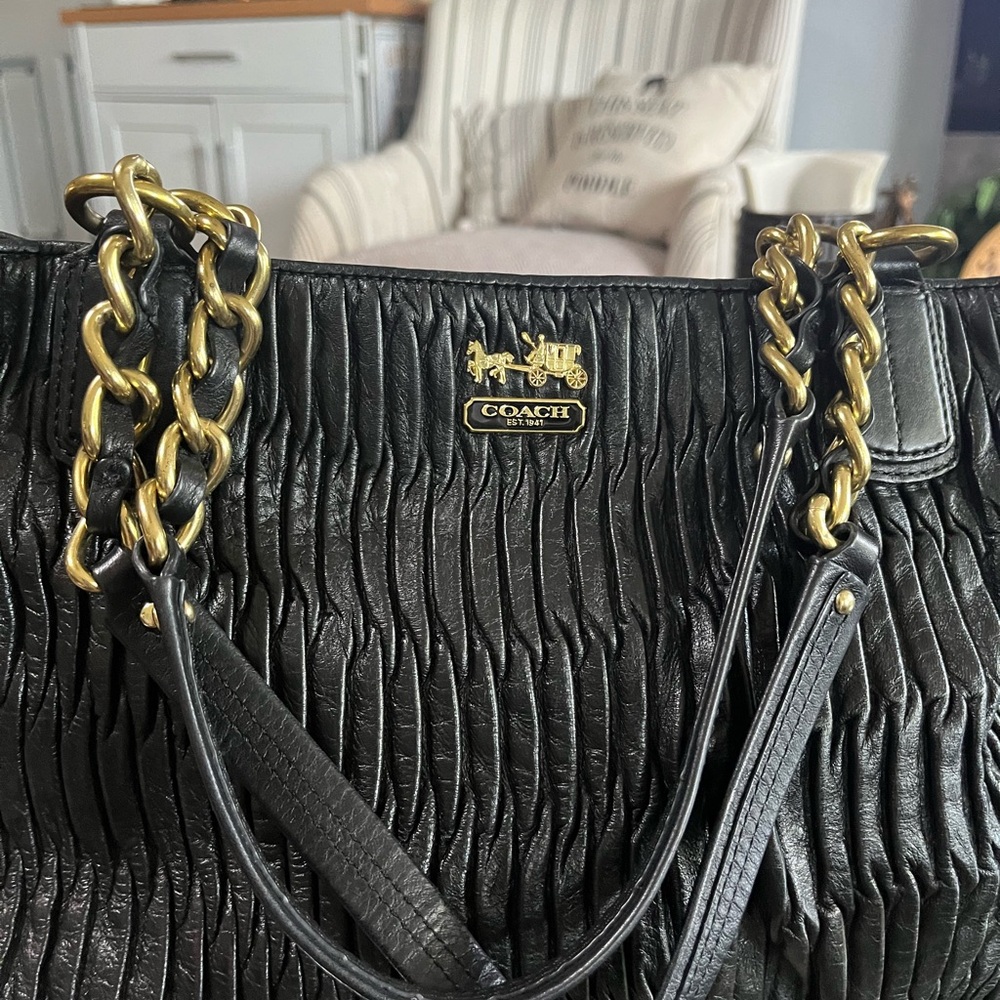 Authentic Coach Black All Leather Handbag with Gold Hardware